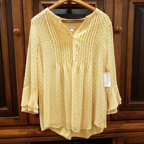 NWT Charter Club Women's Double-Ruffled Textured Bell Sleeve Yellow Blouse Large - Picture 2 of 7